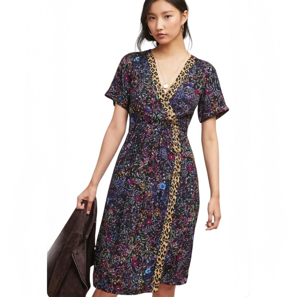 Anthropologie Maeve Morgan Dress Wrap Dress Women's Size 4 Floral Animal Print